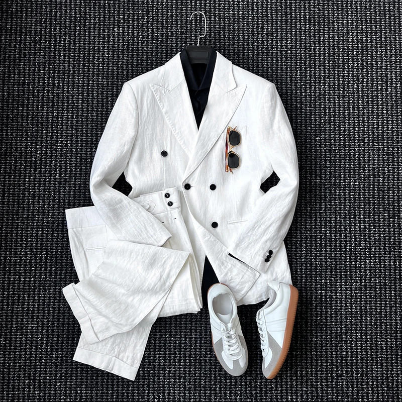 CssuGent绅士老钱风无结构100%亚麻双排扣西服套装男士商务休闲潮