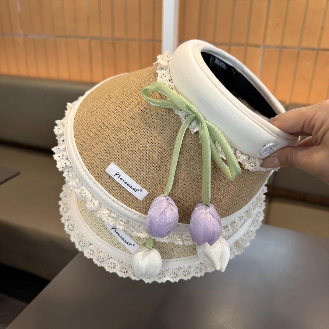 【甜美流苏】郁金香蕾丝边草编空顶防晒帽女宝宝夏季防紫外线遮阳帽
