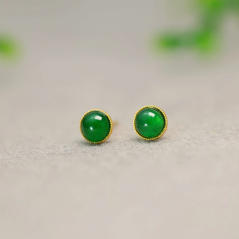 #H952 18K金镶嵌老坑冰种满绿天然A货翡翠圆形蛋面耳钉耳饰