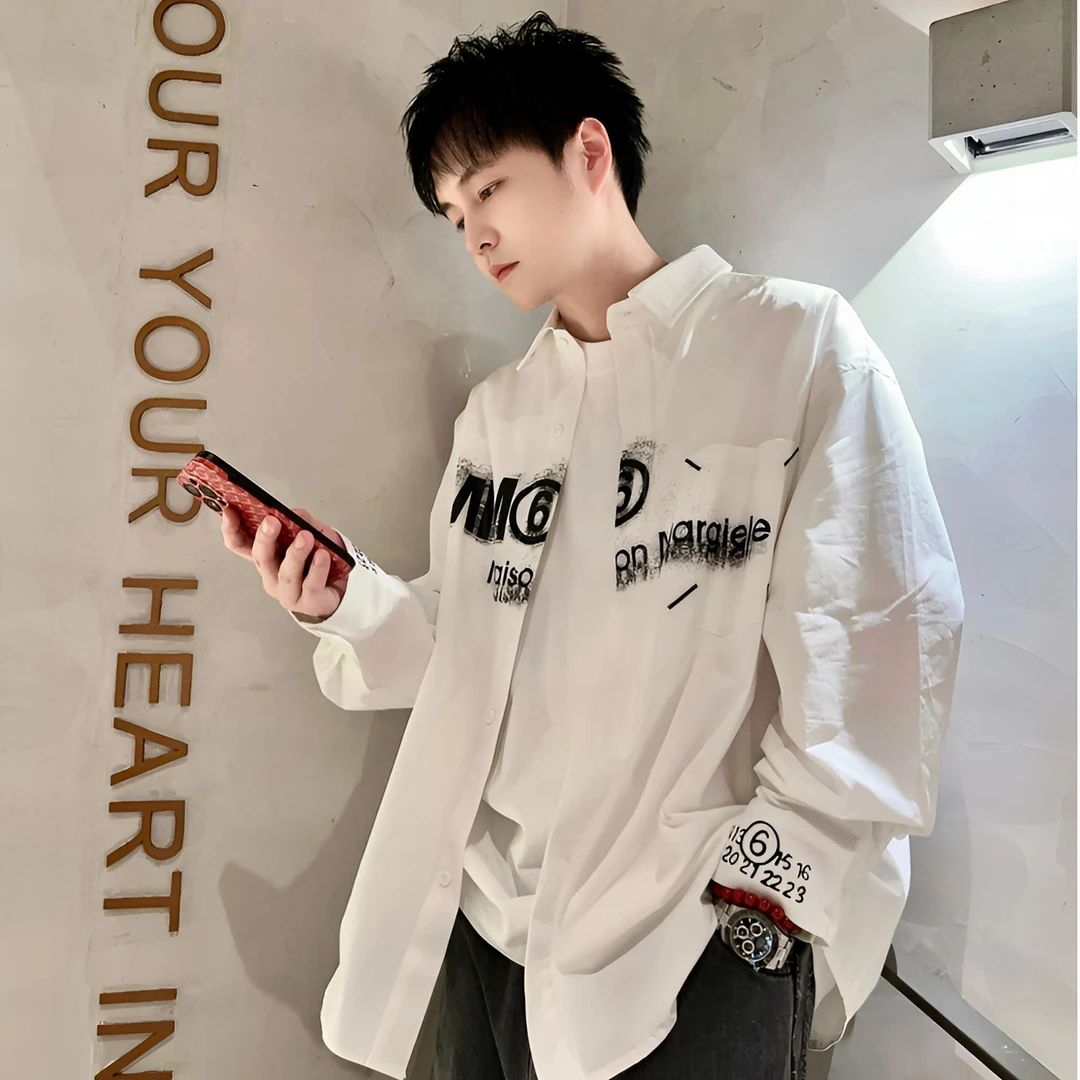 2025春季新款翻领百搭口袋潮流印花衬衫外套韩版