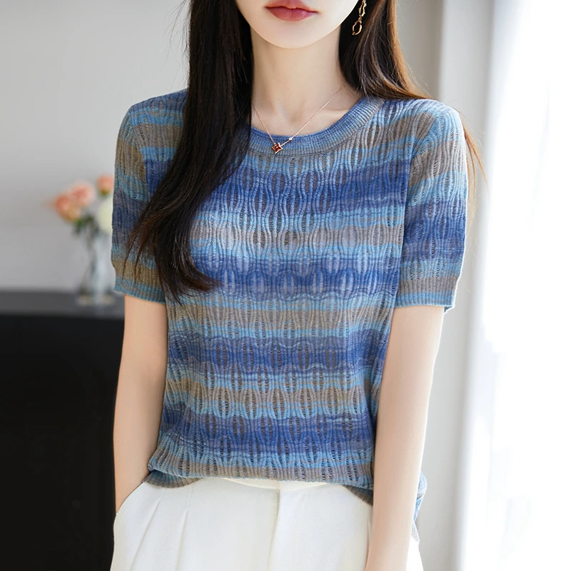 镂空彩虹精纺细羊毛套头圆领短袖拼色洋气减龄春夏条纹针织T恤