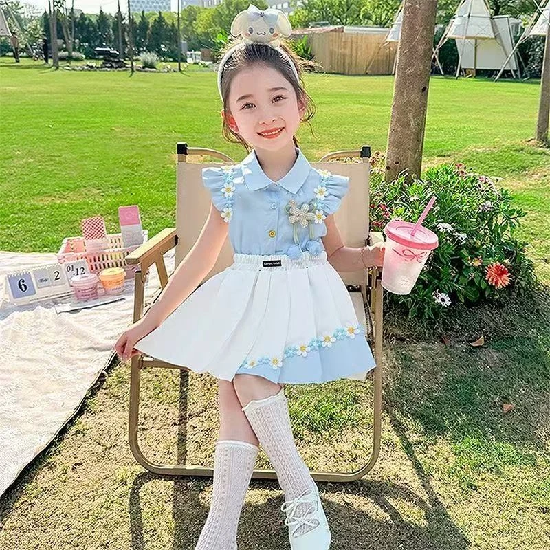 拾夏季爆款套装高级感女童学院风飞袖衬衣渐变百褶裙套装两件套