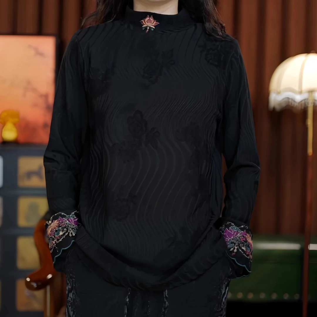 荷塘月色（黑色）立领刺绣长袖中式国风上衣打底衫秋季女装