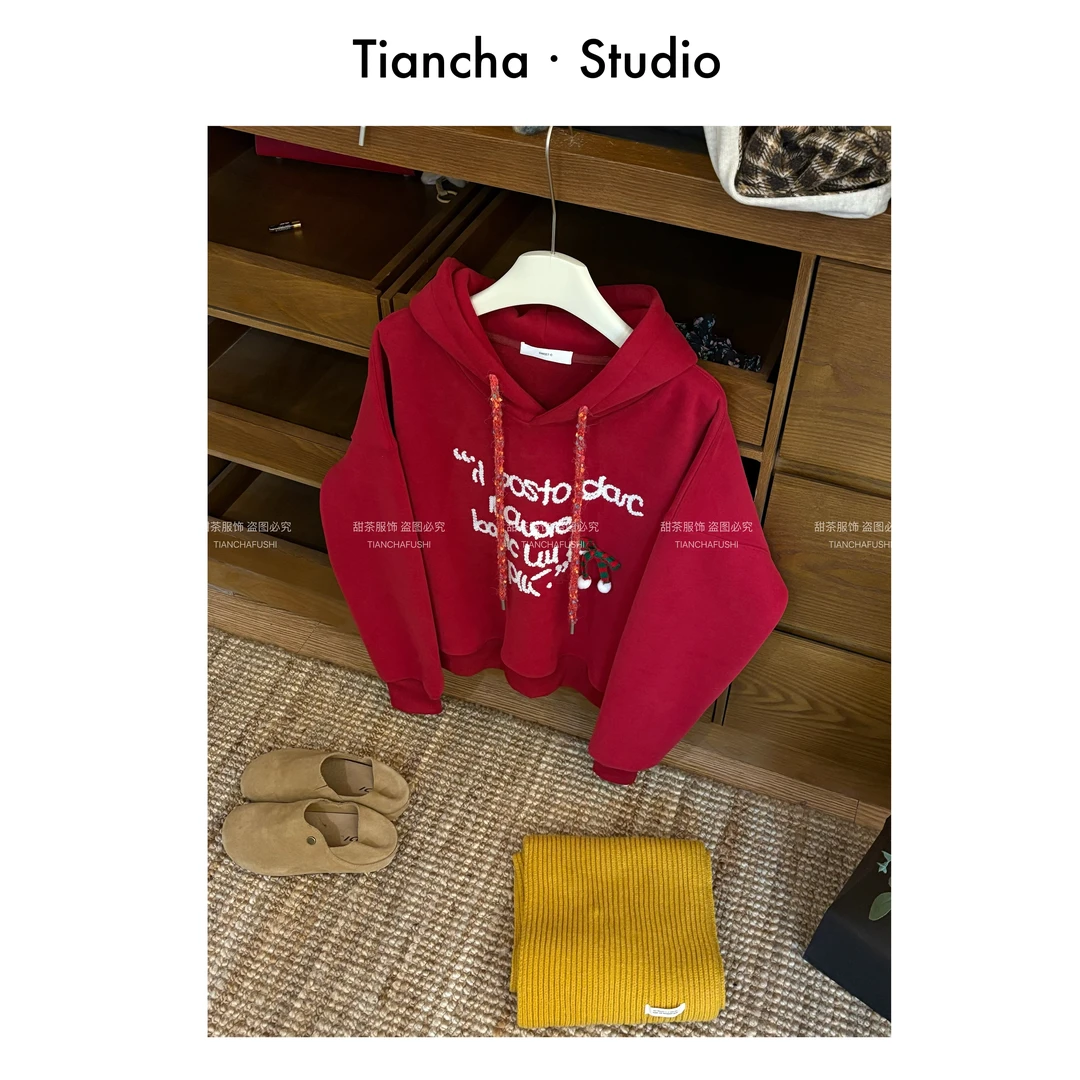 sweet c【红红火火】G0179#2025秋冬韩系连帽卫衣气质百搭宽松显瘦