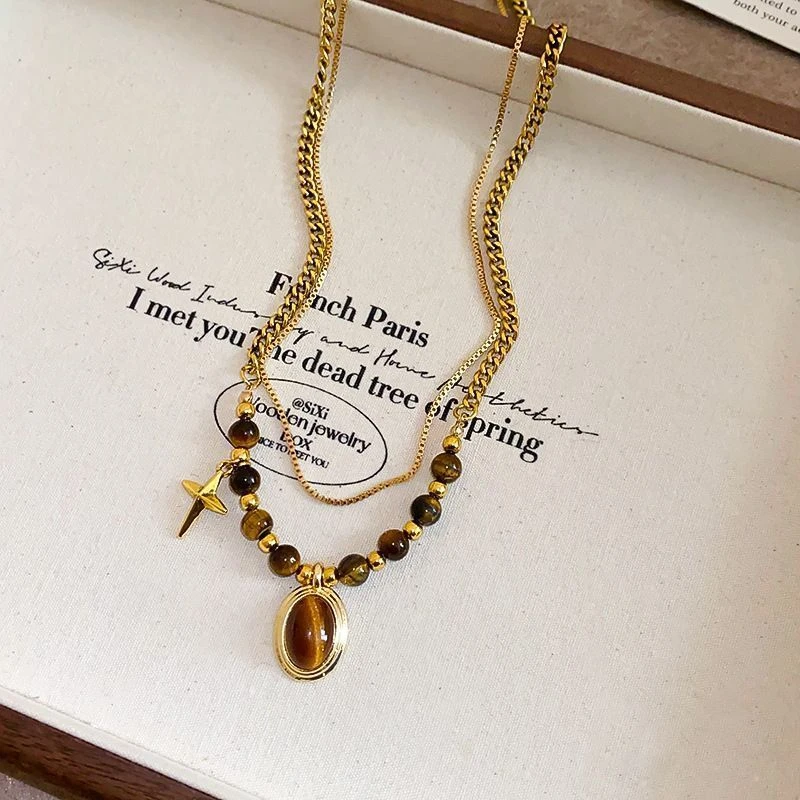 钛钢虎眼石 美拉德双层串珠锁骨链复古轻奢百搭秋冬毛衣链