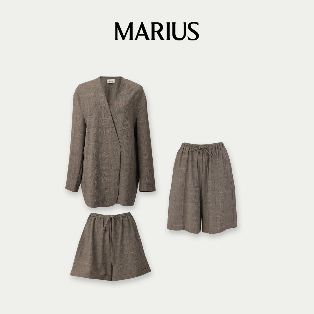 MARIUS“呼啸山庄”V领纯色长袖气质时尚西装短裤中裤套装