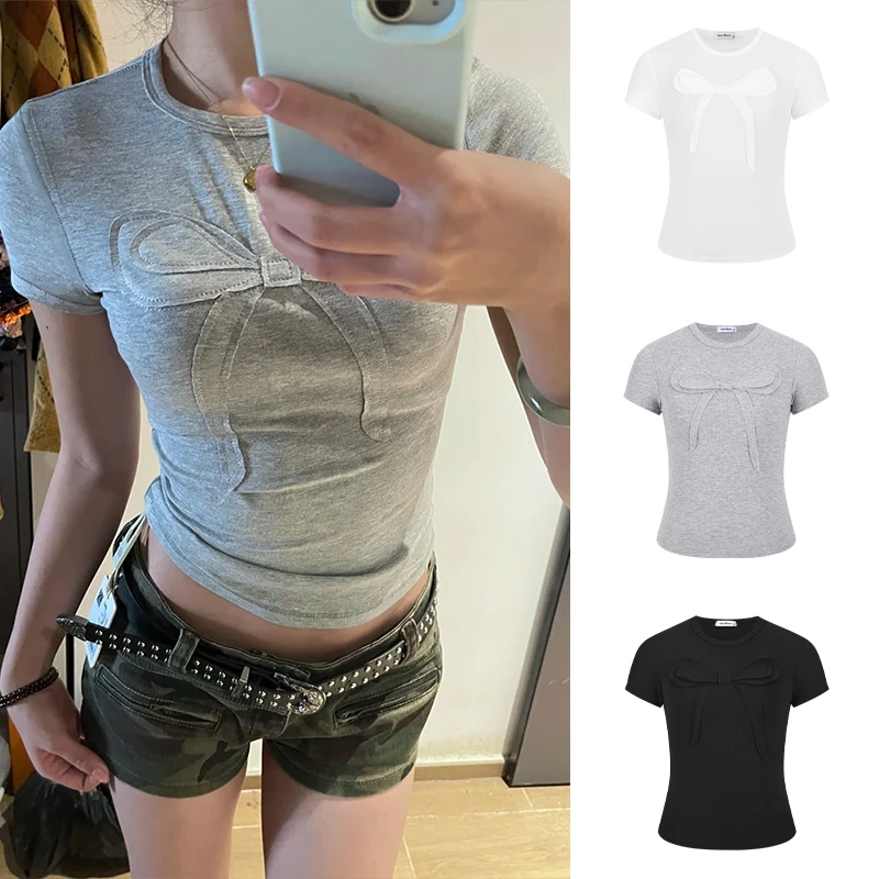 Moses Queen/魔西女王立体蝴蝶结甜辣正肩短袖T恤修身纯欲短上衣