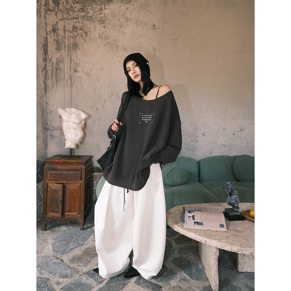 JCCC影子【慵懒斜向】灰色水洗磨破做旧印花圆领套头卫衣JE5GBY10