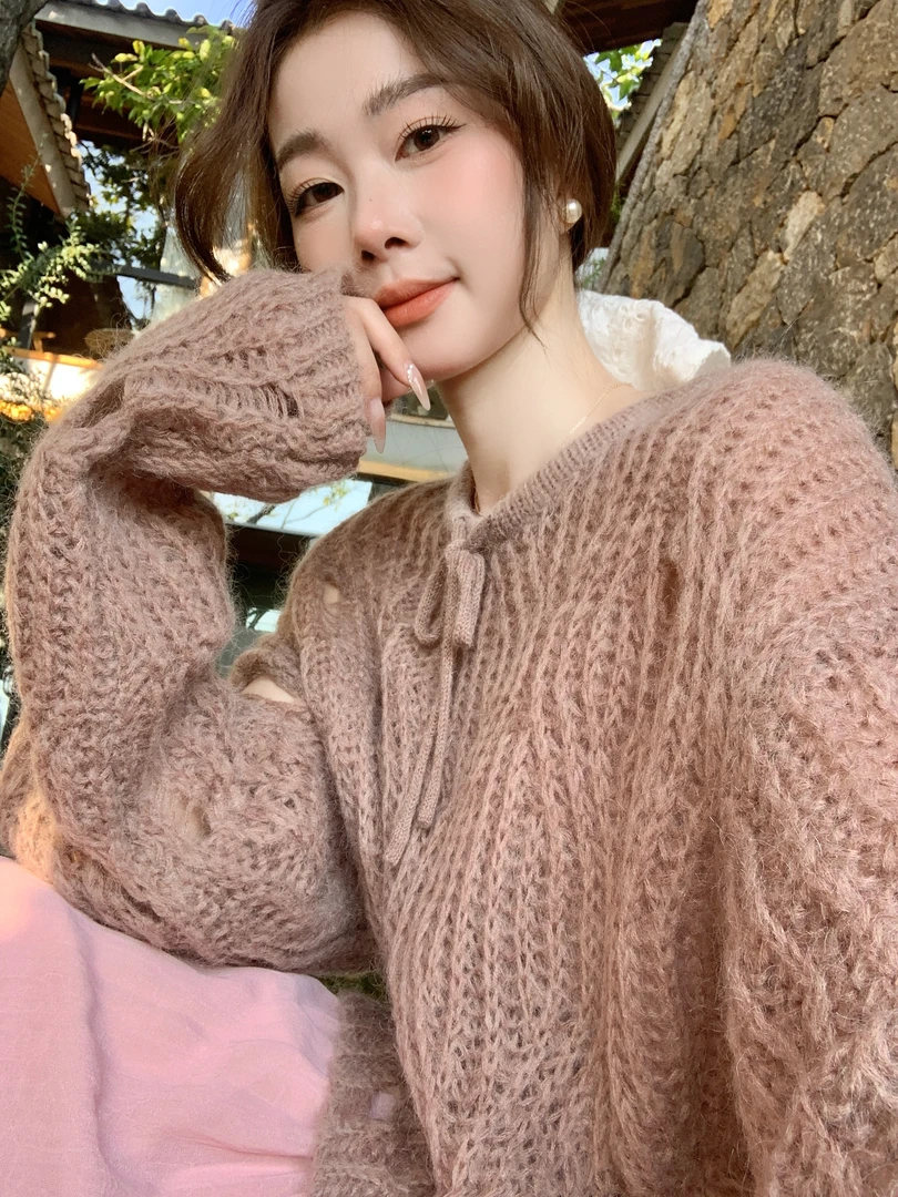 EIA一尧【偷偷藏不住】松弛慵懒感羊毛镂空毛衣宽松温柔薄毛织上衣