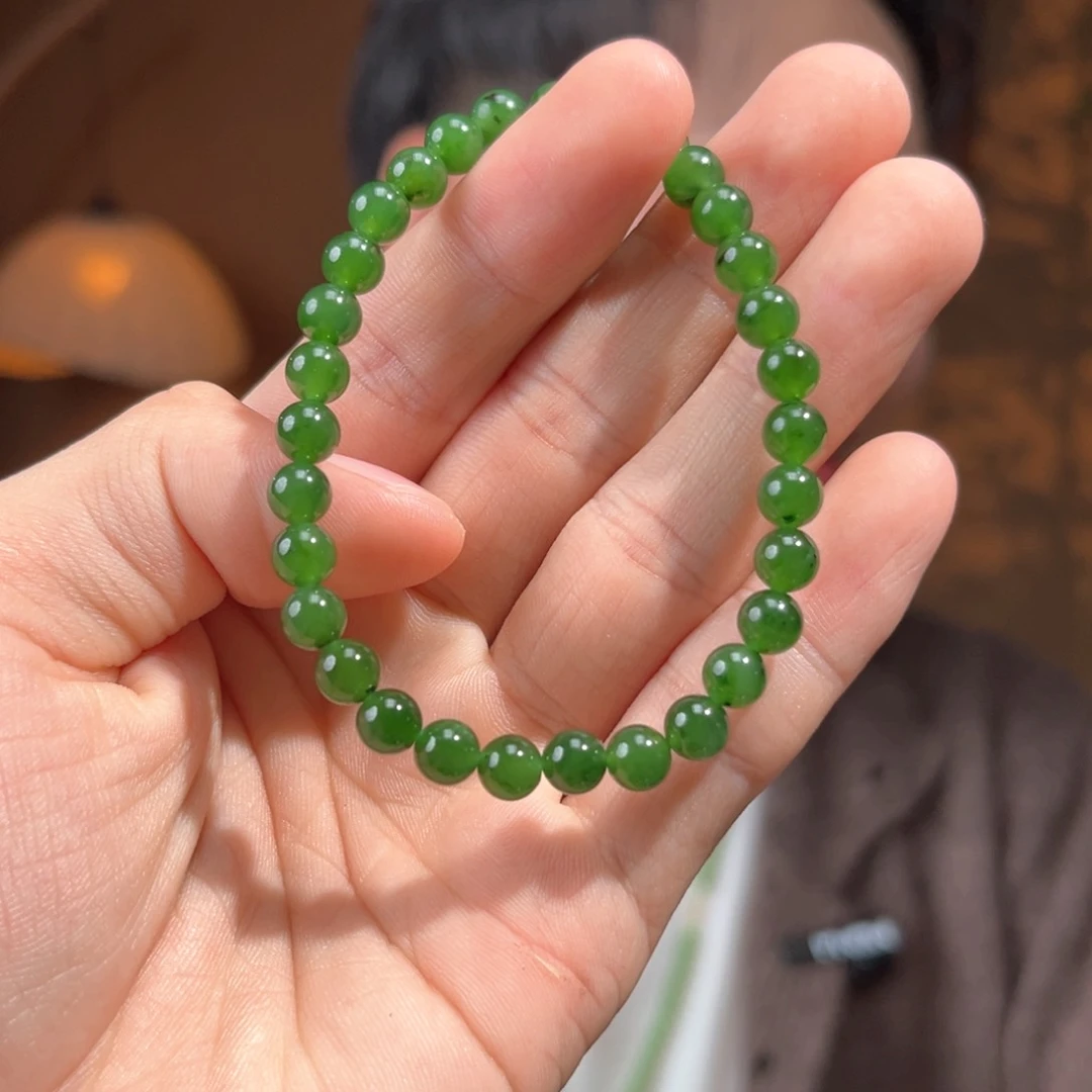 未镶嵌手串和田玉辣绿色碧玉有矿点卡6mm99