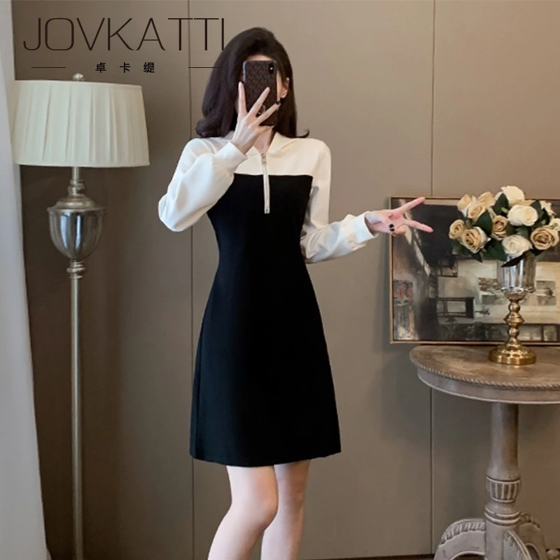 秋季时尚连帽拼色休闲连衣裙2025新款女装小个子显瘦长袖百搭裙子