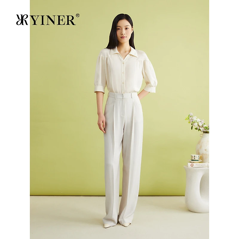 YINER音儿女装夏季法式弹力重绉桑蚕丝混纺翻V领衬衫上衣