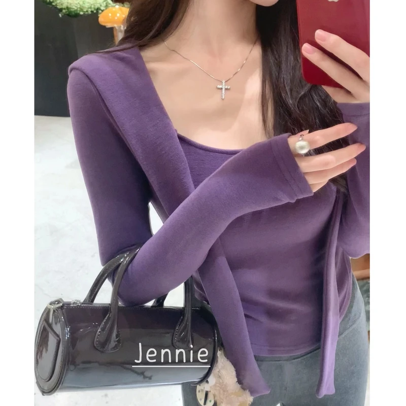 秋冬新款方领高级感披肩飘带一体打底衫设计感百搭显瘦上衣