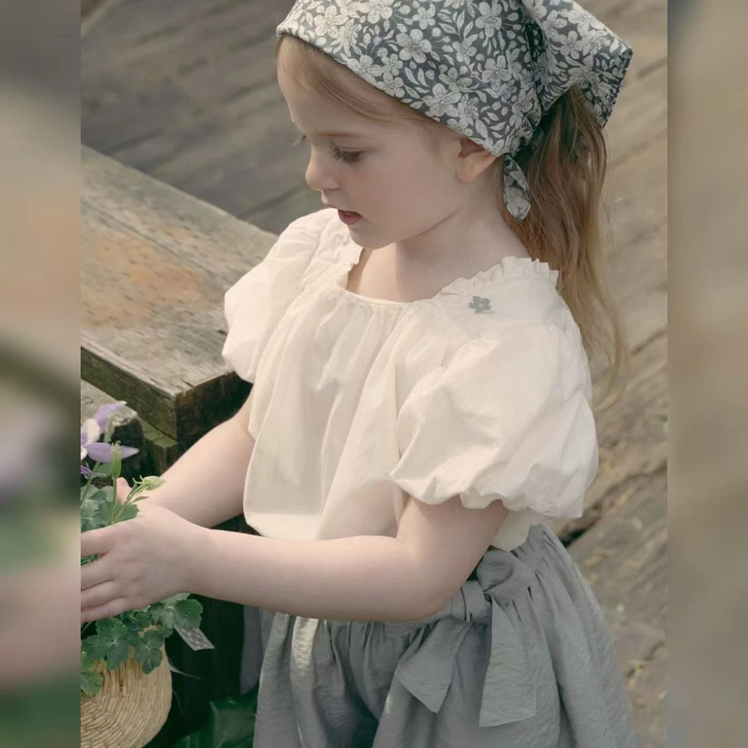 出口韩单  susu25夏季女童宝宝纯棉方领泡泡袖衬衫韩版短袖娃娃衫