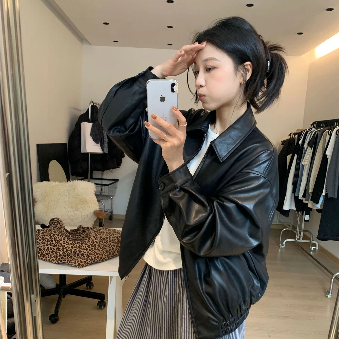 黑色蛋白皮皮衣外套