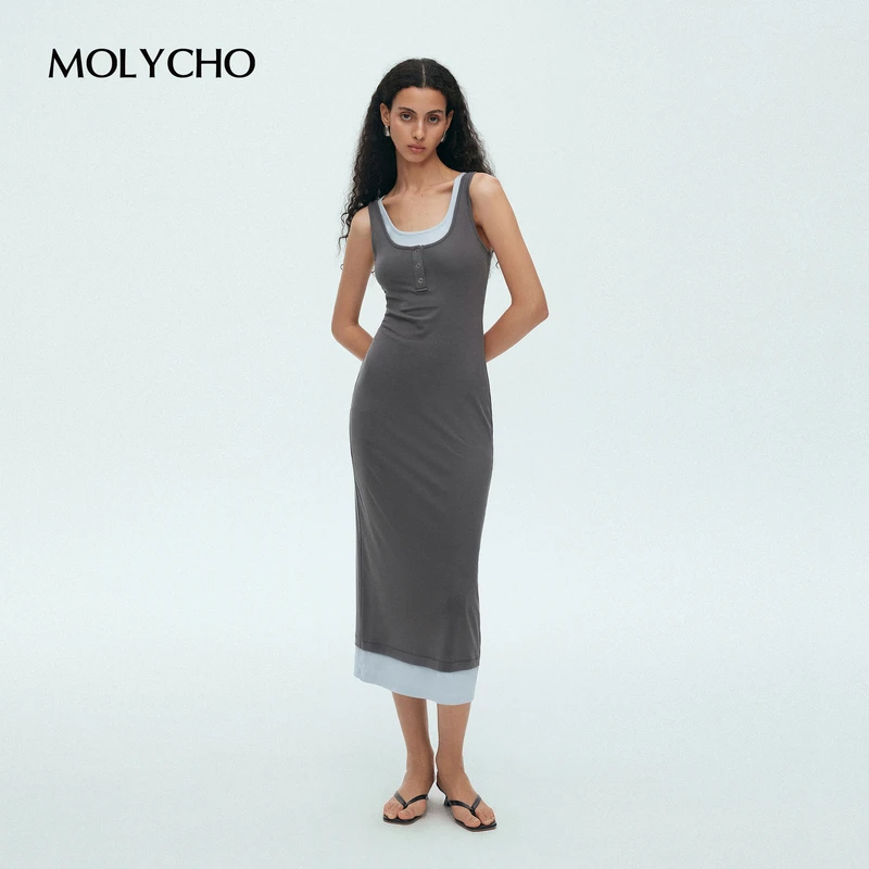 MOLYCHO｜懒人一件出门/假两件撞色无袖连衣裙女/U领修身背心裙子