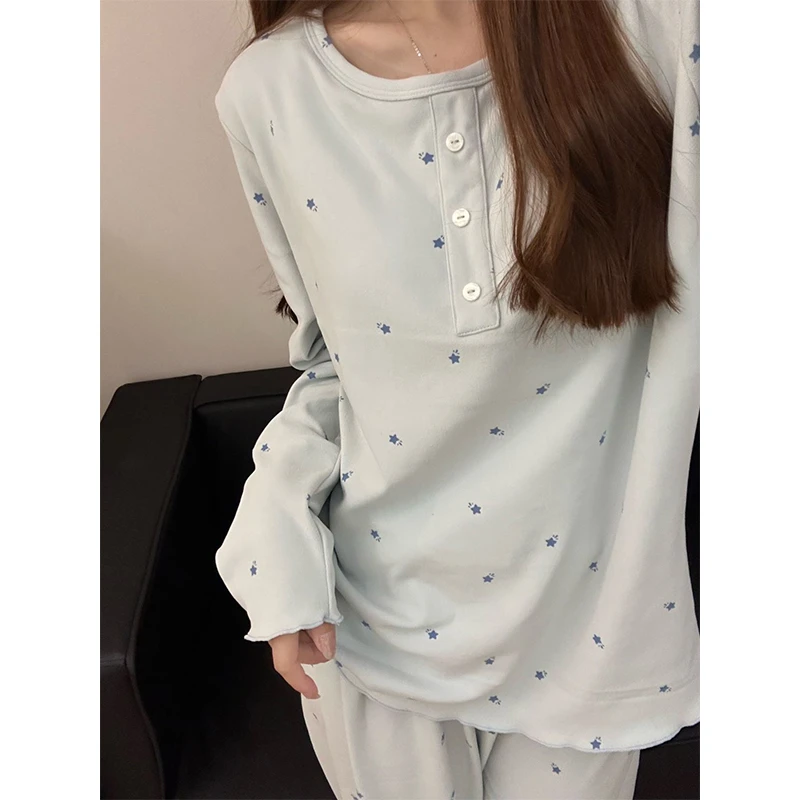 星星碎花韩版德绒睡衣女春秋新款带胸垫温柔舒适亲肤家居服套装