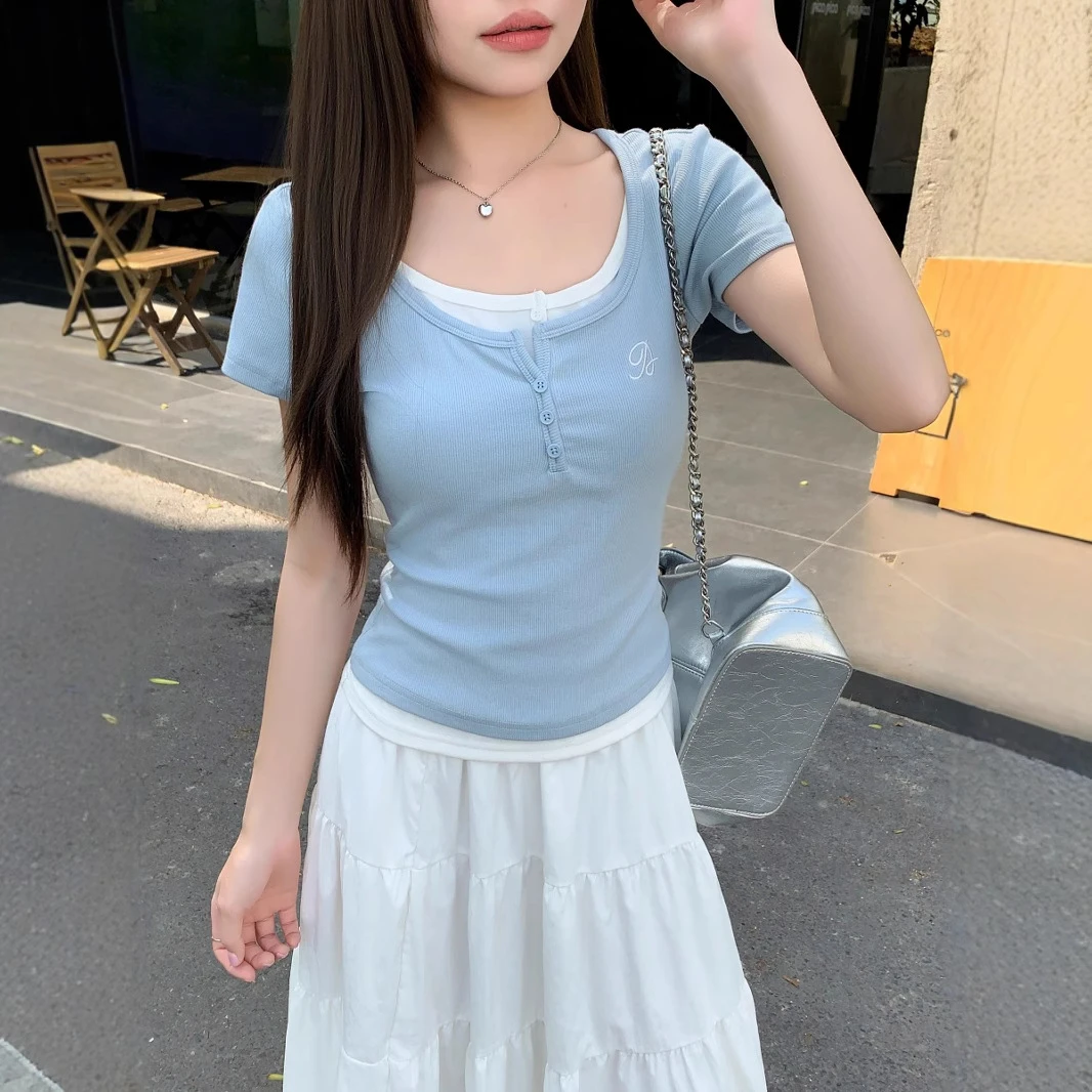 设计感u领假两件短袖T恤女2025夏季新款纯欲风修身显瘦短款上衣