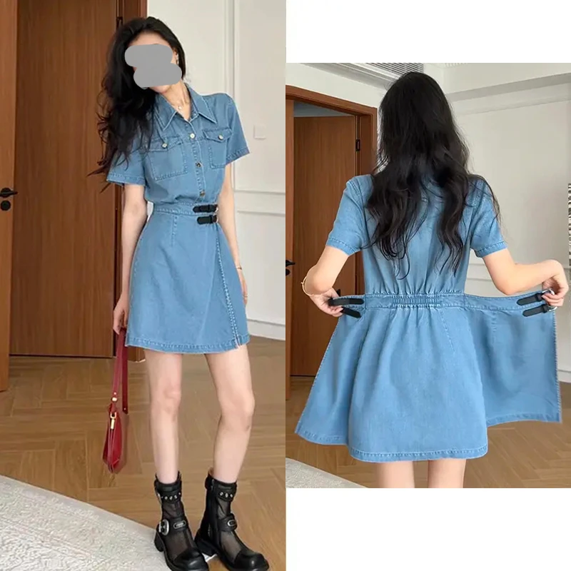 轻奢法式复古连衣裙女夏季新款港味气质收腰薄款短袖牛仔蓝短裙女