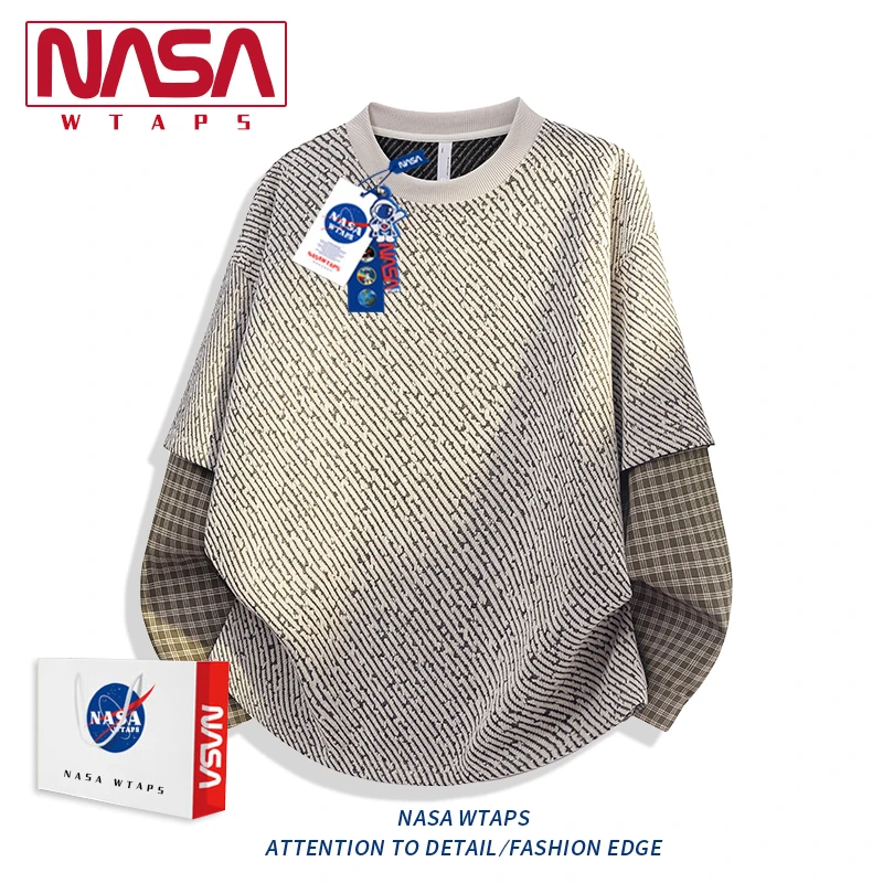 NASA WTAPS美式复古印花格子撞色卫衣男款秋季高级感宽松百搭上衣