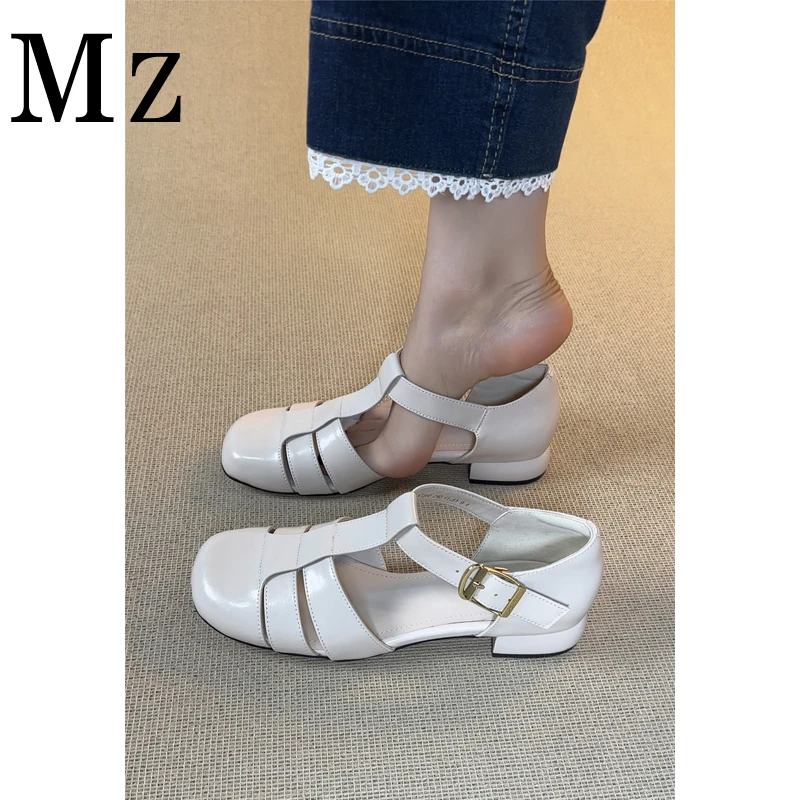 Mr.Zheng/2.5cm/粗跟简约中空包跟夏季包头凉鞋休闲百搭黑色女鞋