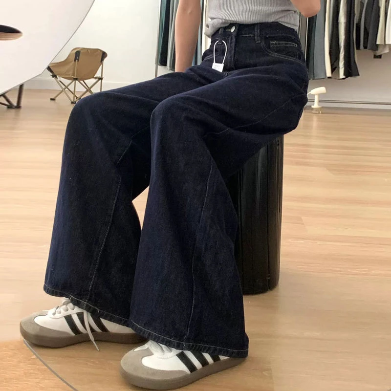 深蓝色美式垂坠感阔腿牛仔裤女百搭宽松高腰显瘦小个子裤子女款