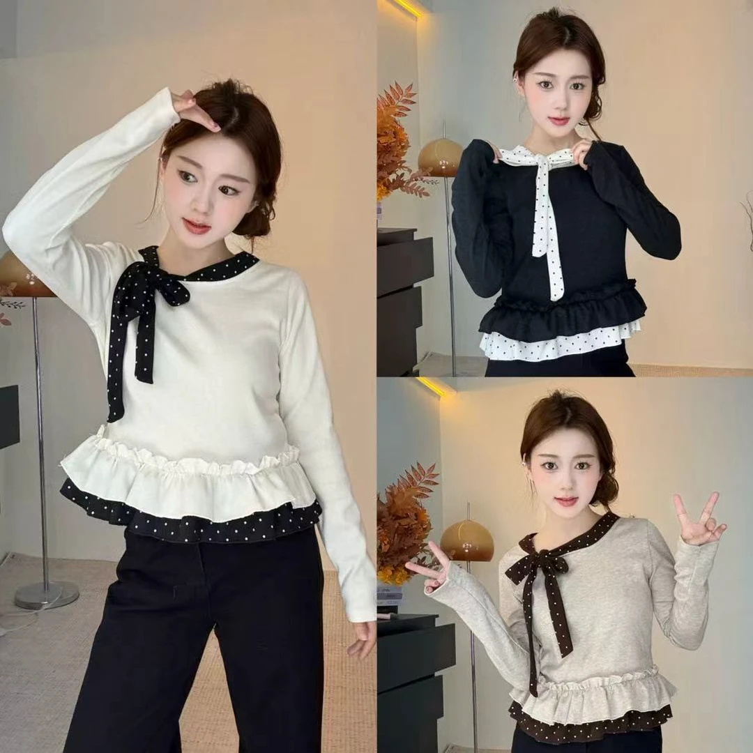 小个子假两件拼接波点荷叶边下摆长袖蝴蝶结打底衫设计感上衣603