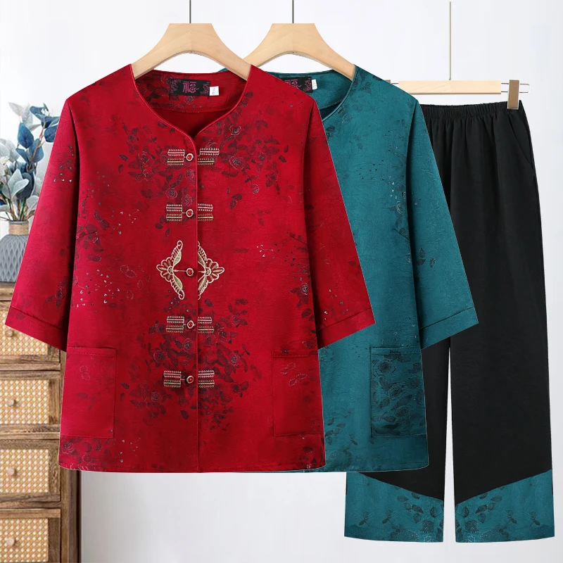 中老年女装妈妈装夏季衬衫套装80老人衣服唐装60奶奶装夏装两件套