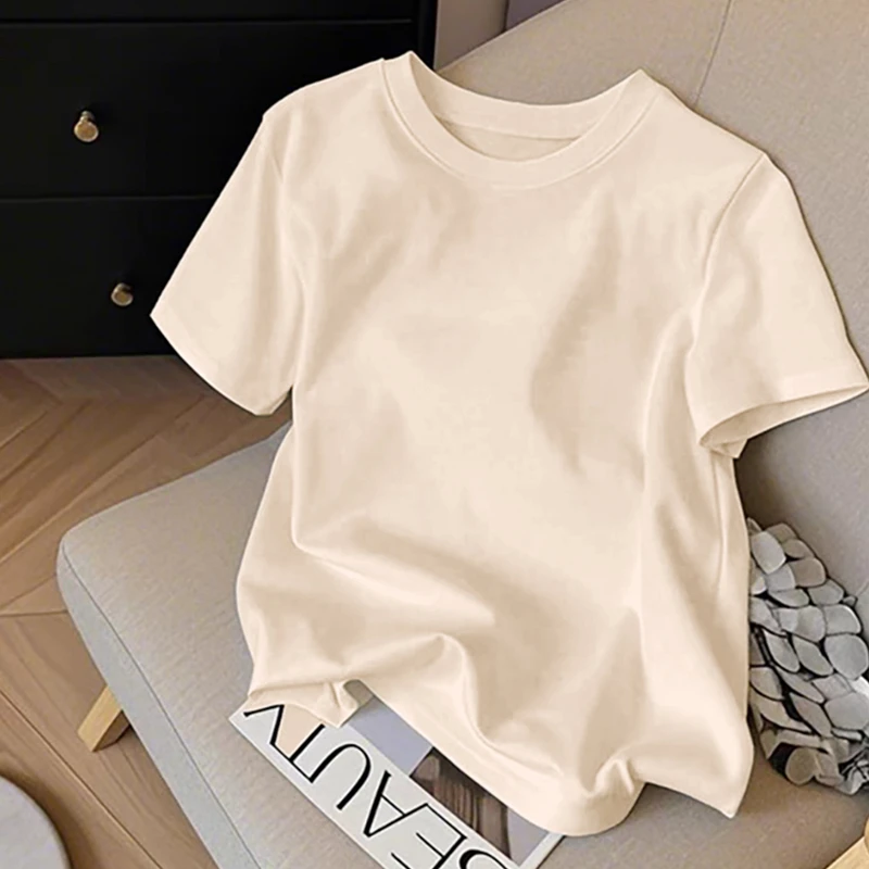 婳娇奶油色宽松百搭女装t恤衫2025夏季新款高级感小个子短袖上衣