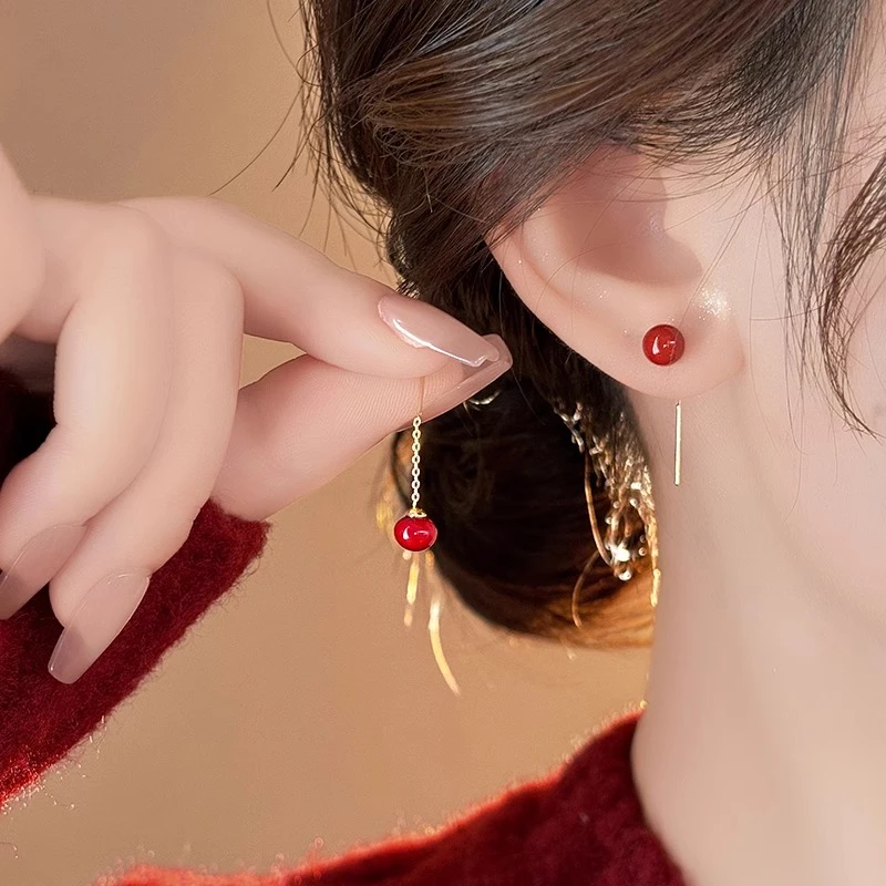 铜合金耳饰 复古精致红色豆豆流苏耳线女款轻奢小众气质耳环 耳钉