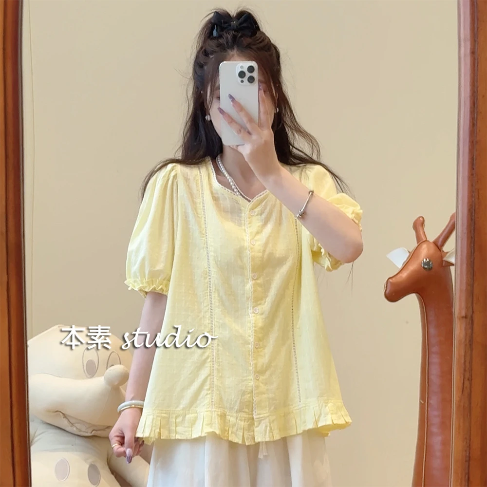 黄水仙Y2880格纹蕾丝拼接圆领短袖衬衫