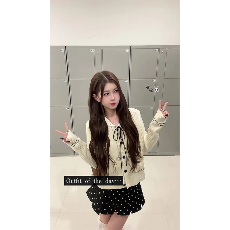 miu系穿搭针织开衫女秋季毛衣外套小香风软糯上衣百搭波点半身裙