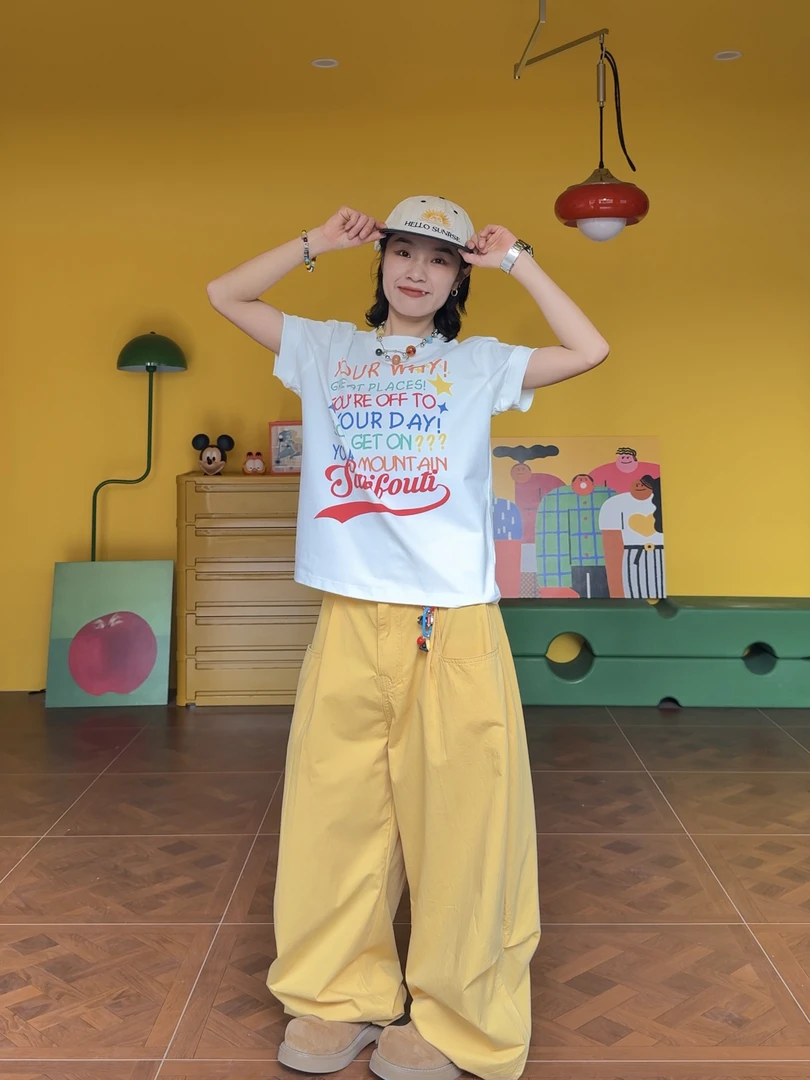 （彩色字母）美式复古小众原创设计撞色小领口正肩T恤黑色