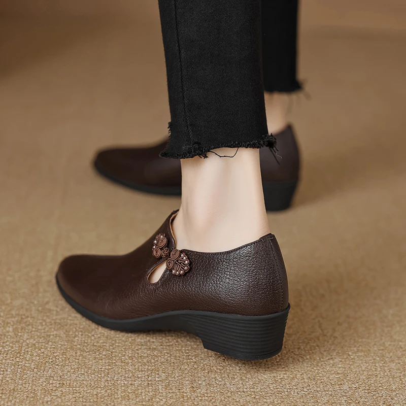 坡跟深口软羊皮单鞋国风配旗袍3公分小跟鞋复古圆头软底女士皮鞋