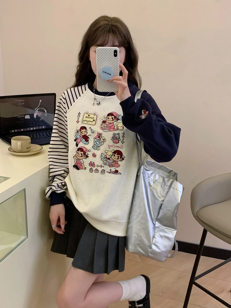 撞色拼接圆领套头彩棉点条纹卫衣宽松不二女孩插肩袖2025春季薄款