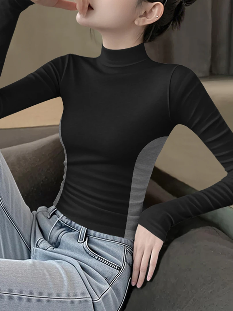 2025秋冬新款半高领撞色长袖女黑拼暗灰高级感显瘦修身打底上衣服