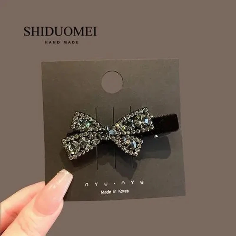 2025春秋新丝绒发夹水钻蝴蝶结刘海夹少女气质侧边夹质感顶夹