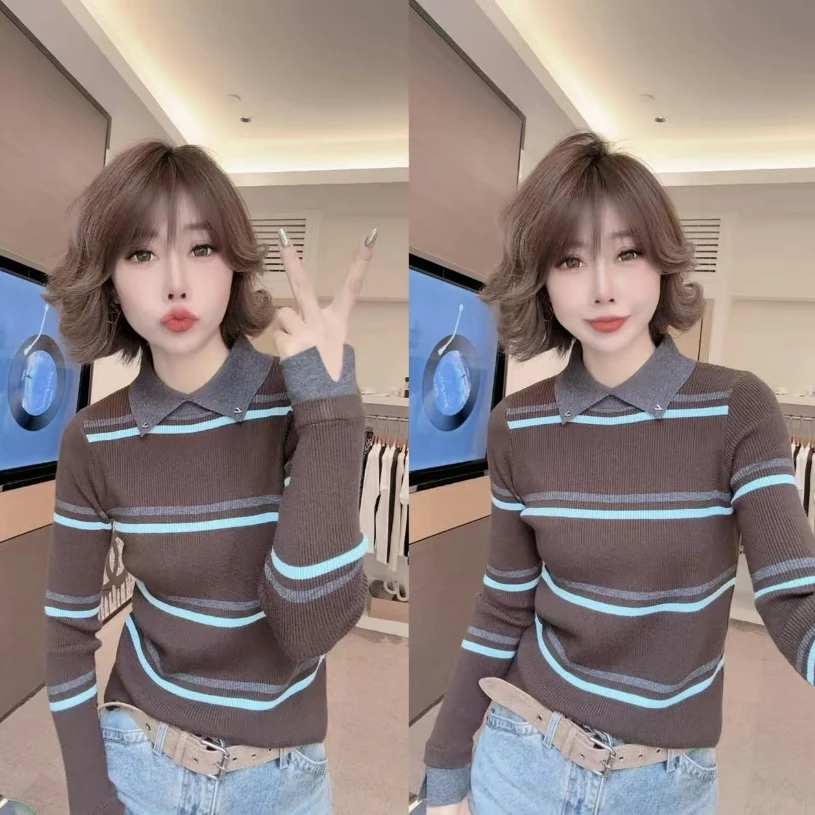 欧货复古POLO领撞色条纹设计感毛衣女2025秋冬新款洋气减龄针织衫