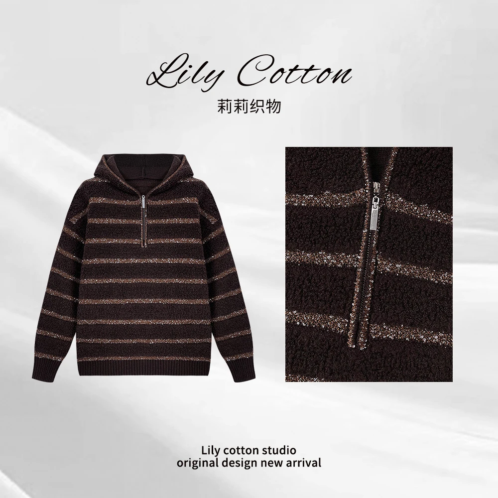 心动流光 慵懒半拉链连帽套头亮片高级感绵羊毛针织衫LL-6201332