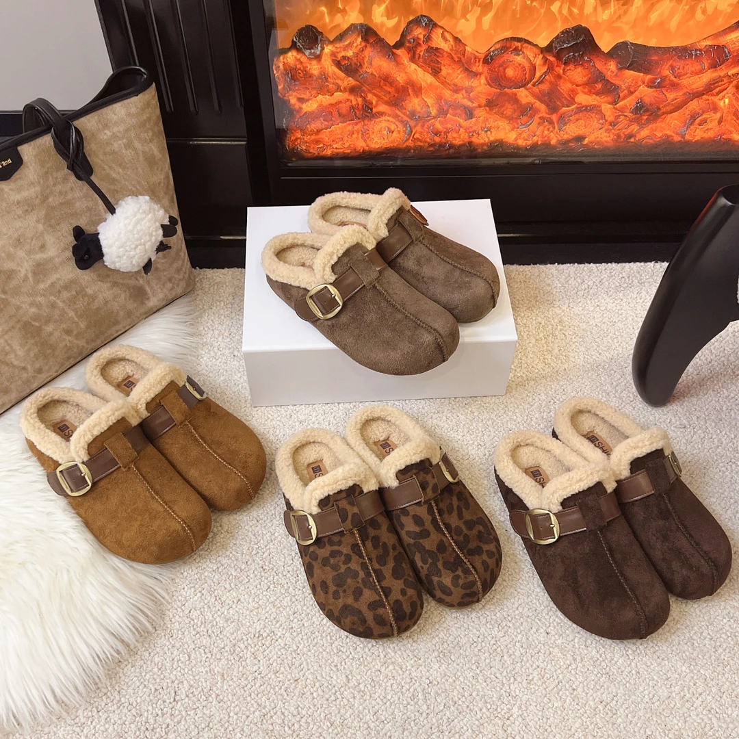 啄木鸟复古简约皮带扣勃肯鞋女2025冬季新款加绒百搭棉鞋包头拖鞋