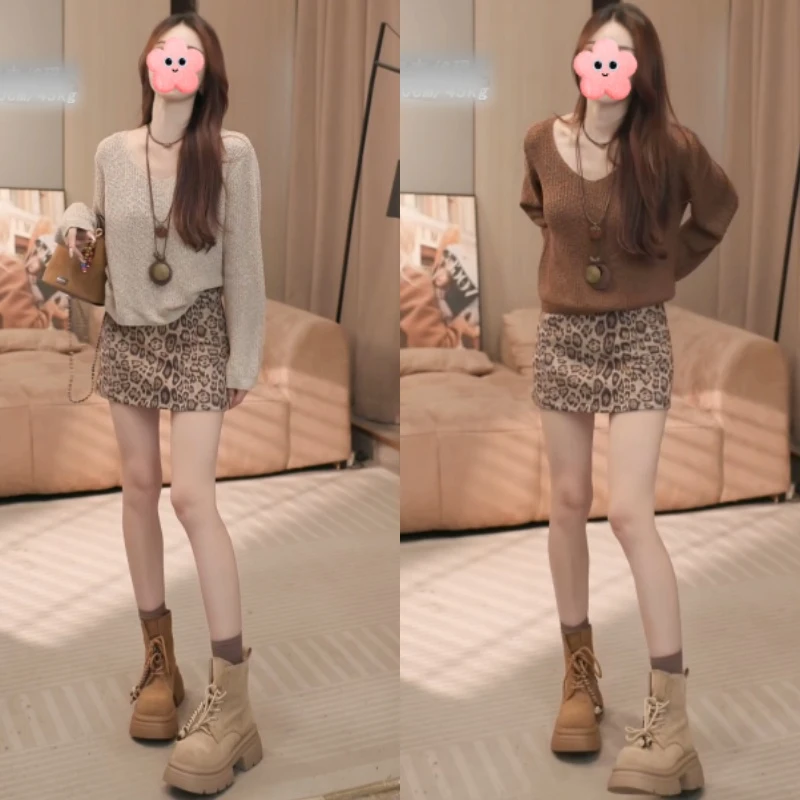 早秋新款慵懒风韩系休闲风时尚针织上衣+百搭豹纹裤裙LK2505923