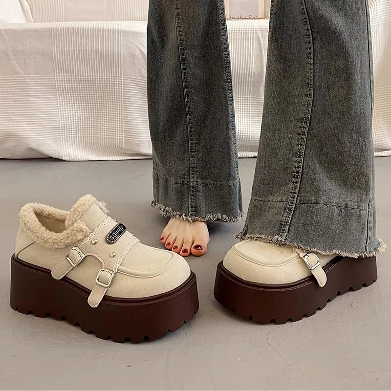 皮毛一体增高雪地棉鞋女冬季加绒加厚2025新款保暖面包厚底乐福鞋