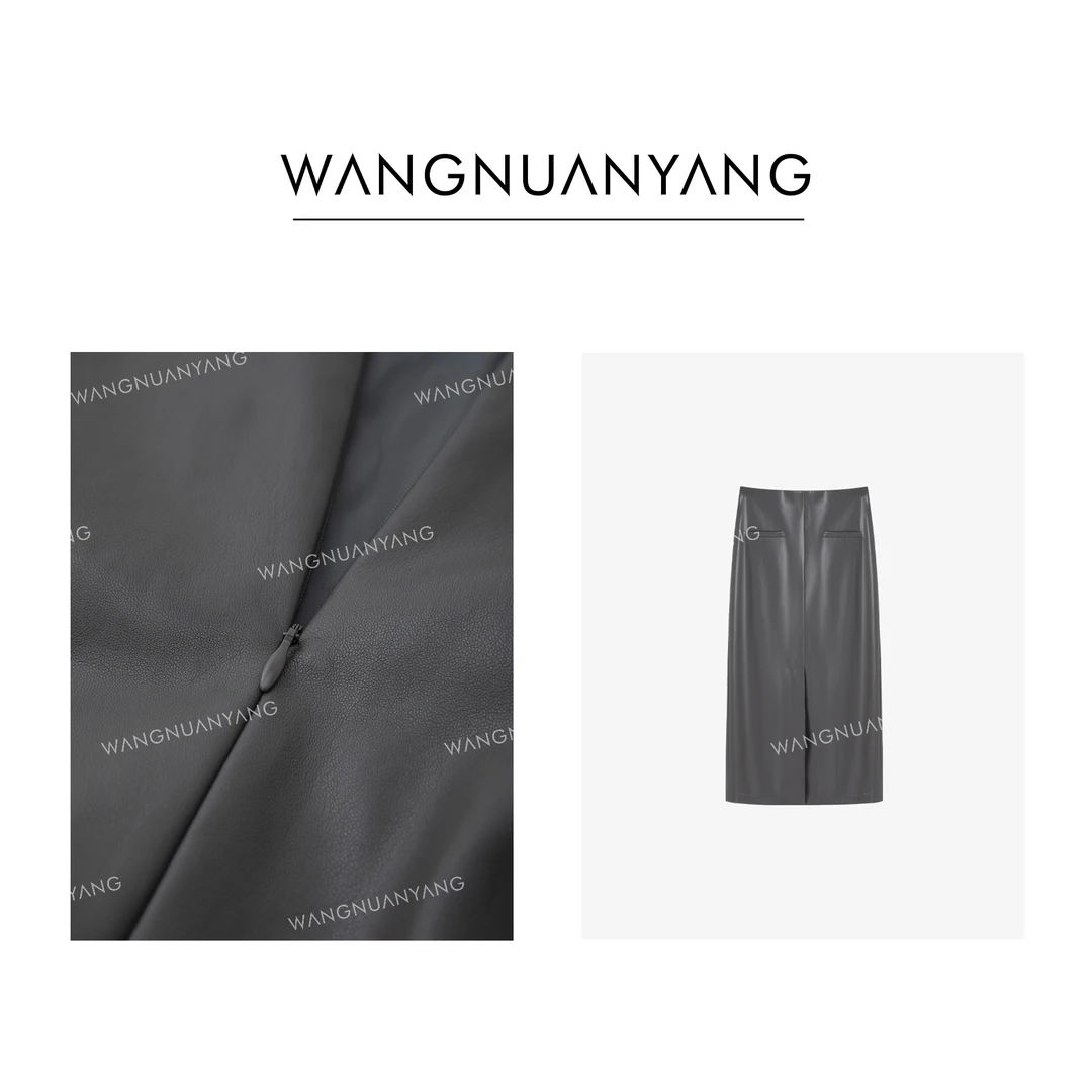 【王暖阳】月尘|高弹显瘦前开叉直筒蛋白皮半身裙