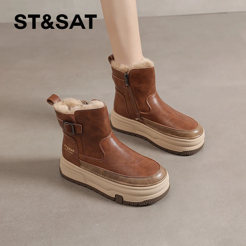 星期六加绒棕色雪地靴女2025冬季新款厚底高帮棉靴复古保暖短筒靴
