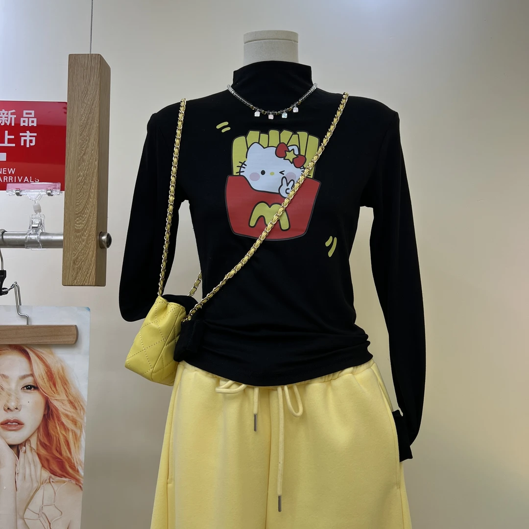 美式设计感猫咪薯条印花加绒加厚冬季装搭配小众2025半高领上衣
