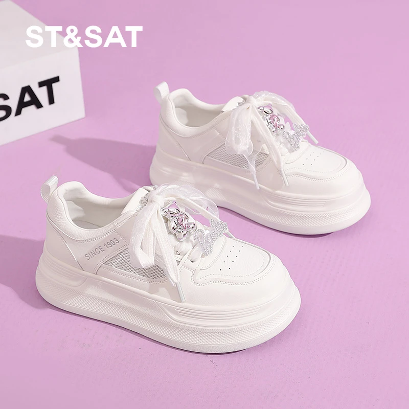 星期六春款网面厚底小白鞋2025新款镂空透气板鞋蕾丝鞋带休闲鞋女