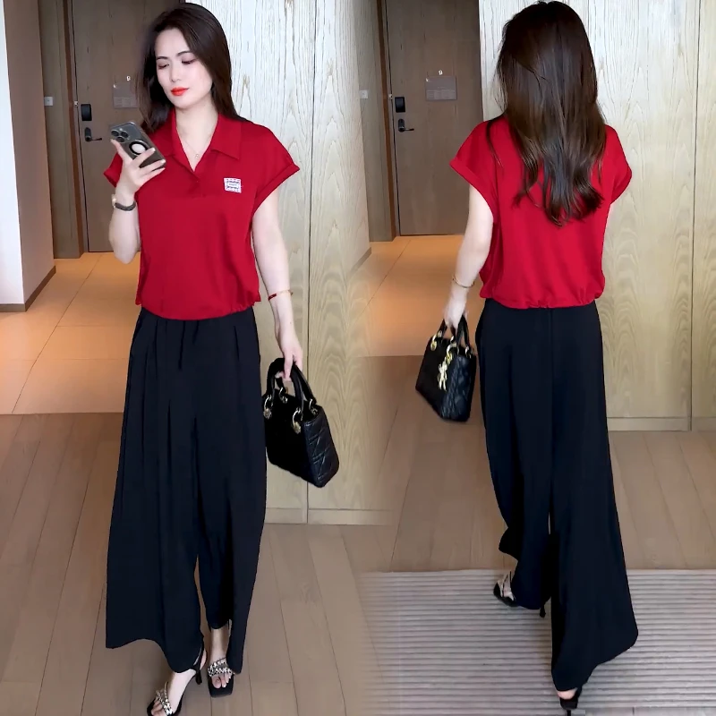 时尚套装女2025夏季新款休闲洋气减龄显瘦Polo领短袖阔腿裤两件套