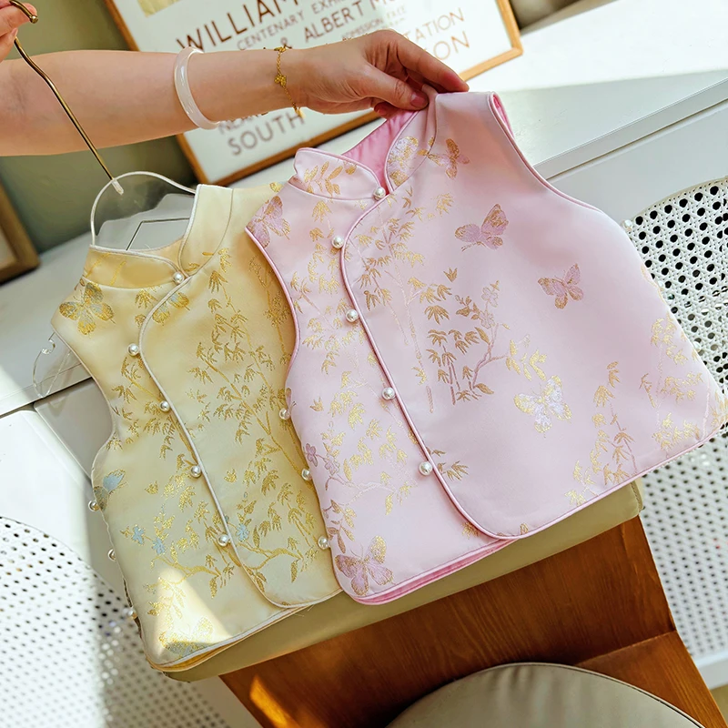 新中式女童马甲上衣2025春季新款马夹背心无袖外套女宝宝粉色套装