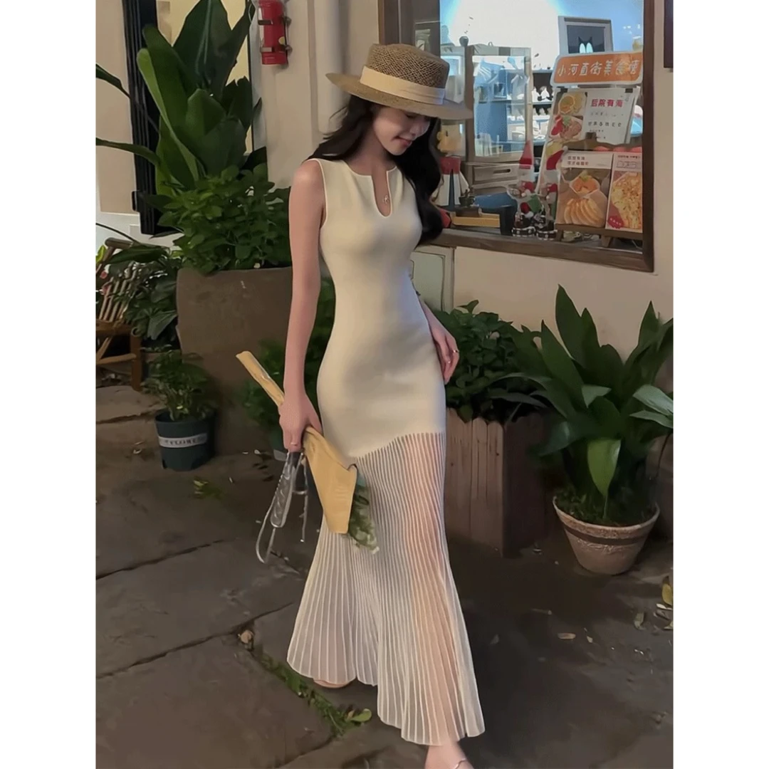 纯欲小香风U领无袖显瘦针织长裙夏季新款气质高级感连衣裙