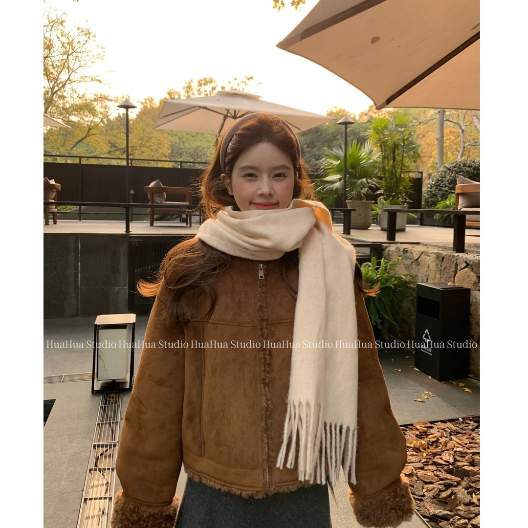 【花花】泰迪贝儿~韩系复古简约加厚仿麂皮绒皮毛一体夹克外套